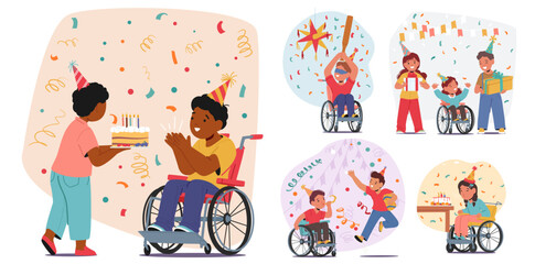 Joyful Birthday Party Featuring Children, Including Those In Wheelchairs, Celebrating With Cake, Gifts And Decorations