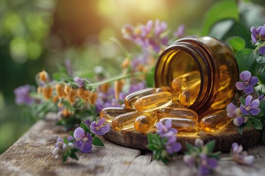 Cod liver oil omega 3 gel capsules with fresh herbs and flowers.
