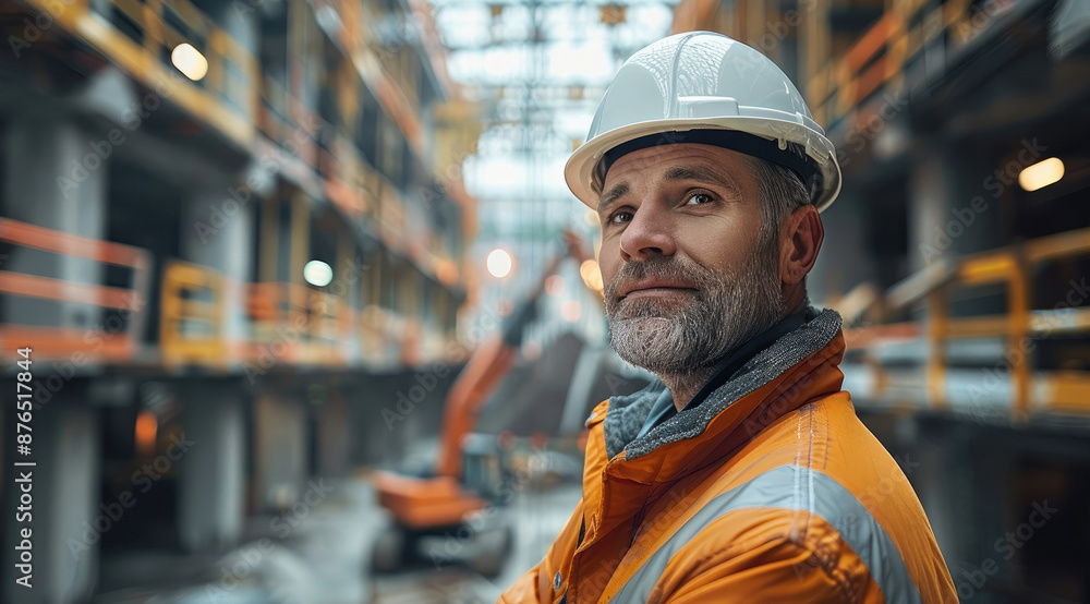 Poster A construction site foreman with space above for text. Generative AI.