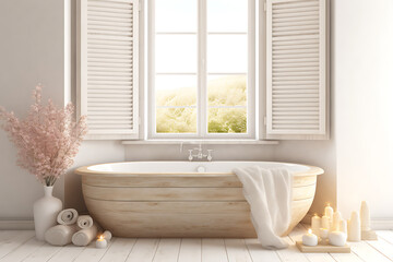 Wooden tub, white walls, and a peaceful window view.
