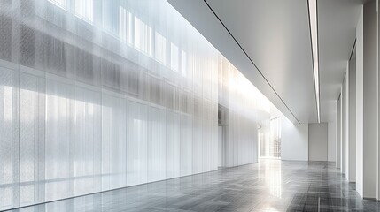 A white building with vertical metal mesh on the wall, in a minimalist style with large space. In front of it is an art installation in light gray color. Generative AI.