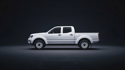Obraz premium 3d rendering of a white pickup truck in a dark studio environment. Side view. Logistics and transportation concept. Generative AI