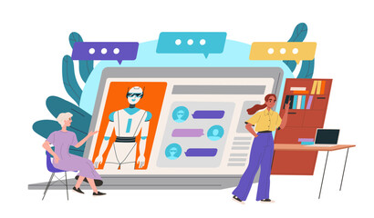 Conversation with artificial intelligence. Women communicate with cyborg on Internet. Virtual assistant in social networks. Machine learning and AI, modern technology. Flat vector illustration