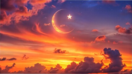 Fototapeta premium magic ramadan cloudscape sky with crescent moon star and evening sun, eid mubarak ramadan kareem, islamic holiday celebration concept with copy space