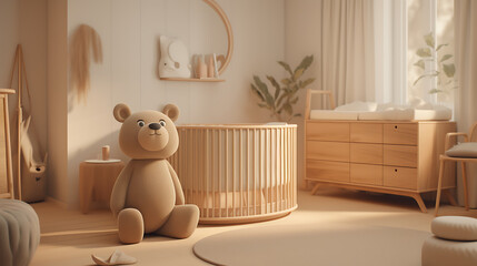 A teddy bear sits in a light-filled nursery, surrounded by wooden furniture.
