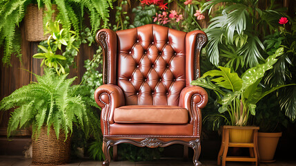 Retro vibes with a modern twist, this image features a vintage brown leather armchair amidst a lush indoor jungle, evoking a sense of nostalgia and a connection to nature.