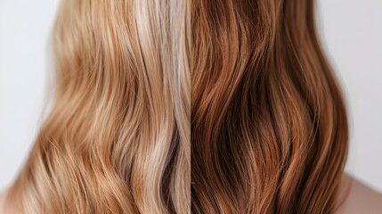 Fototapeta premium Close-up of wavy hair with a dual-color combination of blonde and brunette, showcasing a stylish and elegant hairstyle.