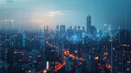 Fototapeta premium Technological Transformation of Global Finance: Futuristic City Skyline with Digital Financial Data Overlay