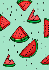 In this picture you can see slices of juicy and ripe watermelon. The background of the picture is green. There are many seeds scattered all over the background