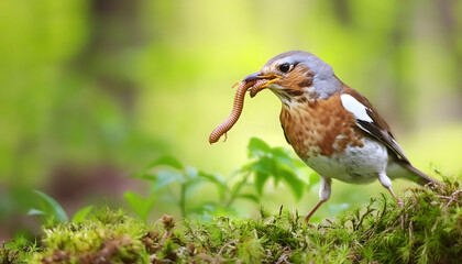 Fototapeta premium American Robin Holding a Worm in a Lush Green Grassy Field