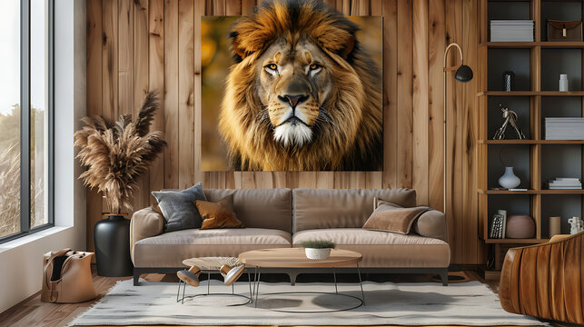 Close up portrait of a majestic male lion with a golden brown mane looking at the camera with a calm expression conveying power and tranquility.