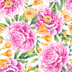 Watercolor seamless pattern with pink peony flowers and yellow freesia leaves. Floral pattern with peonies and freesias for fabric design, prints, textiles, clothes. Floral pattern with flowers.