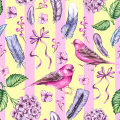Watercolor pattern with birds and feathers in stripes. Watercolor cute pattern for design of wallpapers, fabrics, textiles, food, cards, banners, etc.