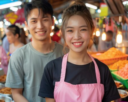 Happy Couple Enjoying Delicious Street Food at a Vibrant Market, Authentic Flavors and Culinary Delights Await in This Bustling Food Paradise