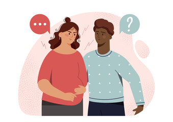 Emotional pregnant woman. Man hugs and supports pregnant young girl. Negative feelings and emotions. Depression and frustration, sadness. Flat vector illustration isolated on white background