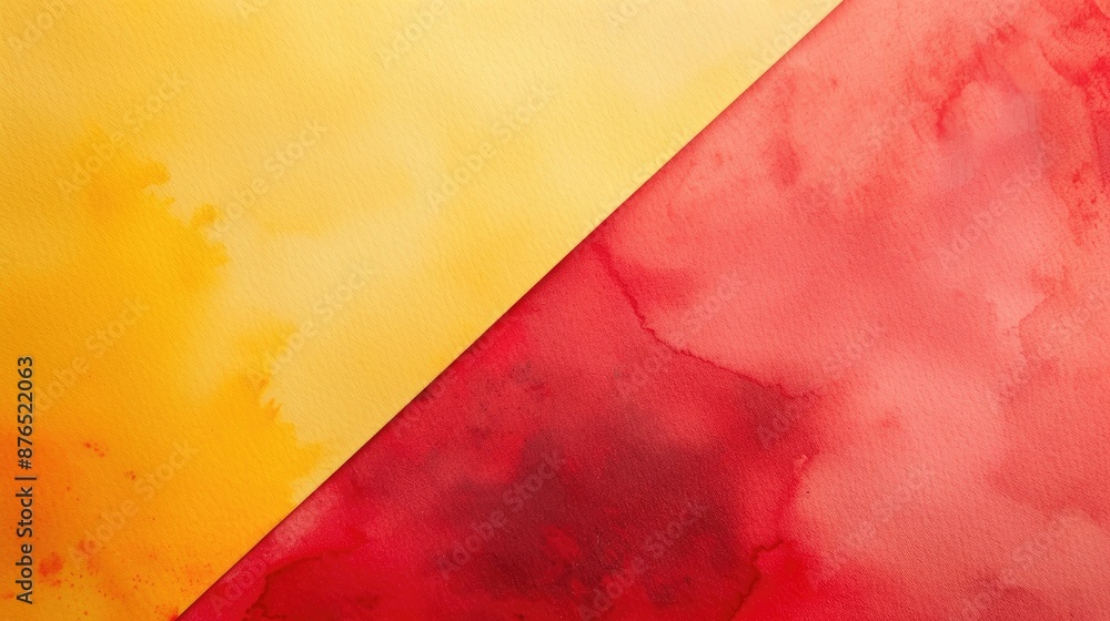 Poster minimalist flat lay of watercolor set on red and yellow background with empty space