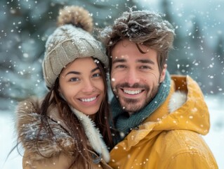 Obraz premium Smiling Couple Embraces in a Snowy Winter Wonderland, Joyful Partners Capturing the Magic of a Snowy Landscape