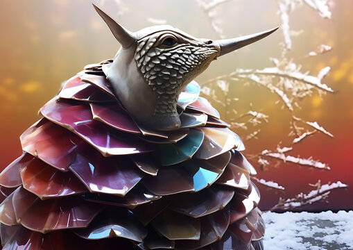 A whimsical creature with silver, purple and blue scales against a wintery backdrop, perfect for fantasy, fairytale and magical illustrations. 
