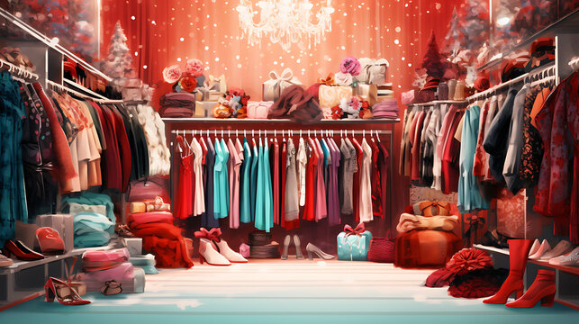 A festive Christmas closet full of clothes, gifts, and red, white, and blue decorations, perfect for a holiday shopping spree. 
