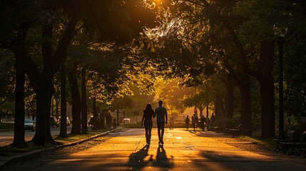 Tranquil Sunset Stroll: Silhouettes of Two People Walking on Tree-Lined Sidewalk at Dusk