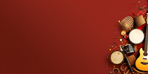 Red, brown, and yellow musical instruments,  celebrating a festive occasion with vibrant colors and a joyful mood. 

