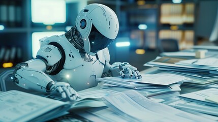 Smart Office of Tomorrow: AI Robotic Assistant Organizing Business Documents, Copy Space Available