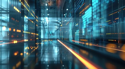 Futuristic Digital Interface with Big Data Analytics in Corporate Office | Clear Copy Space for Text