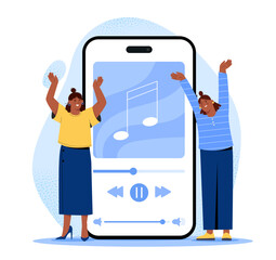 Women with favorite song. Young girls near smartphone with audio files. Favorite songs and playlist. Disco and party. Friends dancing indoors. Flat vector illustration isolated on white background