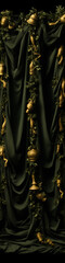  Extravagant still life of green velvet curtains with golden elements and ivy, conveying opulence and luxury.