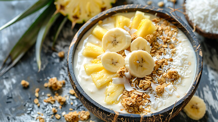  Healthy and refreshing pineapple, banana, and coconut smoothie bowl with granola in a coconut shell on a dark background.