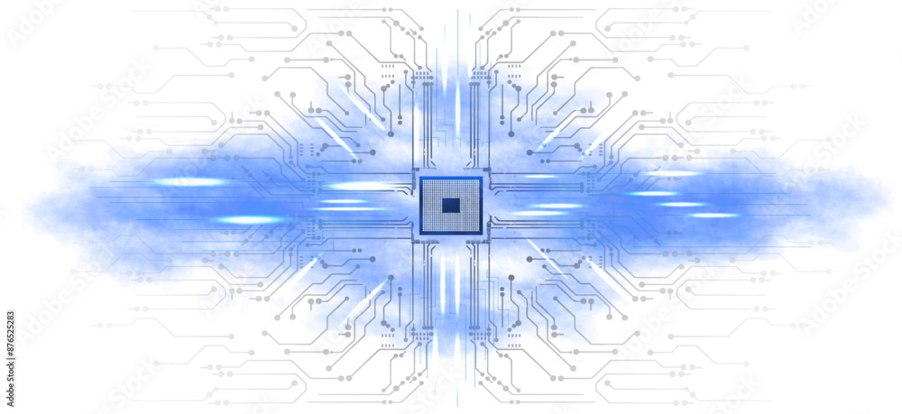 Poster central computer processors cpu concept. motherboard digital chip. processor with lights on the blue