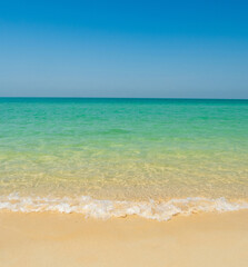 Fototapeta premium Horizon beautiful landscape summer season panorama front view tropical sea beach white sand clean blue sky background calm nature ocean soft wave water travel at Sai Kaew Beach island sun day time