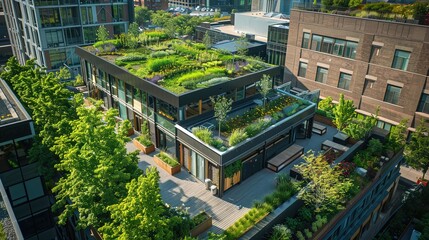 Green Oasis in the Concrete Jungle: Aerial View of Sustainable Urban Rooftop Garden for Business Spaces