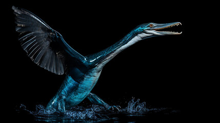  Prehistoric Hesperornis regalis, a flightless diving bird from the Late Cretaceous, emerges from the water with a splash