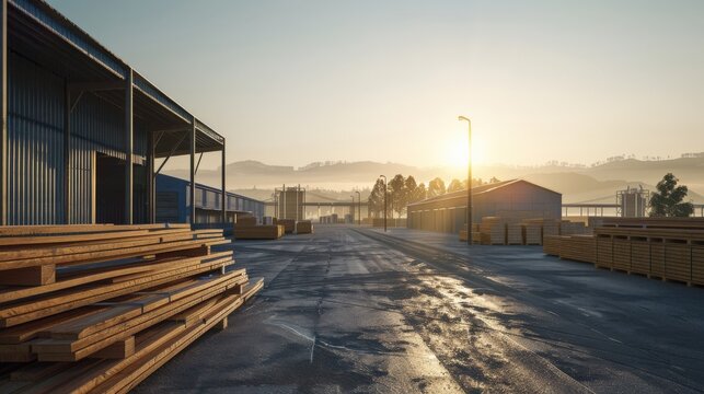 Industrial lumberyard at sunrise with stacked wooden planks and metal structures, evoking a serene and productive atmosphere.