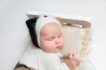 Little adorable newborn girl sleeps in a hat with cat ears. Neutral background. Studio shot of a ten-day-old newborn baby. Beginning of life. Fairy tale. kitten costume