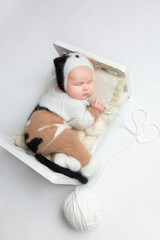 Little adorable newborn girl sleeps in a hat with cat ears. Neutral background. Studio shot of a ten-day-old newborn baby. Beginning of life. Fairy tale. kitten costume