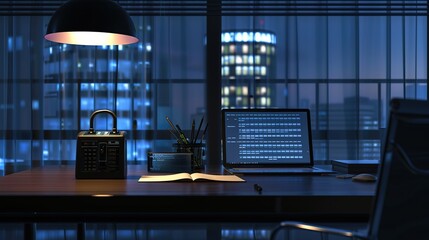 Secure Your Data: Laptop with Firewall Protection System and Combination Lock on Office Desk with Editable Screen Space