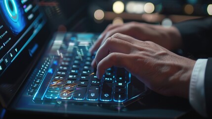 Cybersecurity Concept - Businessman Typing on Laptop with Holographic Interface Display, Copy Space Available