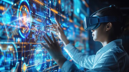 A futuristic cybersecurity analyst wearing VR glasses, gesturing in front of a digital screen projecting intricate network security diagrams. Empty space provided for additional text or logo. 