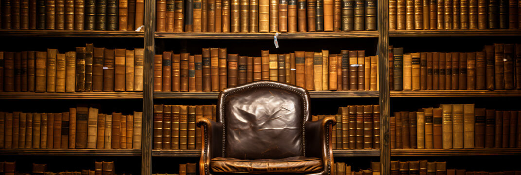 Vintage brown leather armchair in a library with wooden shelves full of old books