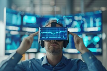 Man using virtual reality headset with data visualization charts, exploring futuristic technology and immersive digital experience for analysis.