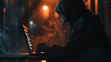 A dark, atmospheric image of a hooded hacker typing on a laptop in a dimly lit room, with a highlighted section of the screen reserved for customized text or imagery.