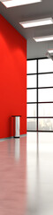 Fototapeta premium Red minimal interior with large windows and shiny floor