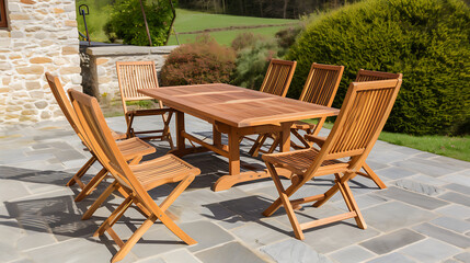 Obraz premium Outdoor wooden table and chairs on a stone terrace with a view of the garden