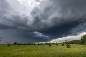 A picturesque landscape featuring a vibrant green field with a few scattered trees under an...