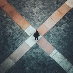 A man stands alone at the intersection of colored tiled paths within a large tiled square, creating a significant and symmetrical architectural composition.