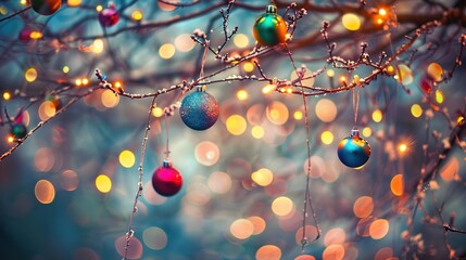 Festive Christmas Ornaments on Tree Branch with Dreamy Bokeh Lights