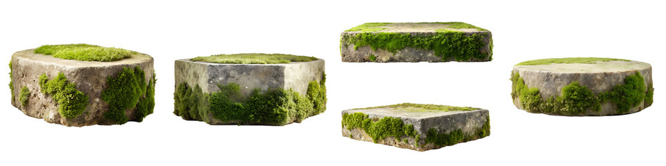 Nature stone podium covered with moss, isolated on transparent background PNG file