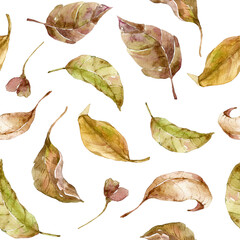 Autumn and summer green and dried leaves  watercolor illustration, floral seamless pattern on isolated transparent background for fabric, scrapbook paper, textile, wrapping paper. 